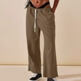 thumbnail image 4 of WIZUTIZ Work Pants Women Retro Leisure Loose Wide Leg Pants Spandex Elastic High Waist 7/8 Length Sweatpants Solid Drawstring with Pockets Palazzo Pants for Teen Girls Sports Petite/Regular/Tall Brown, 4 of 6