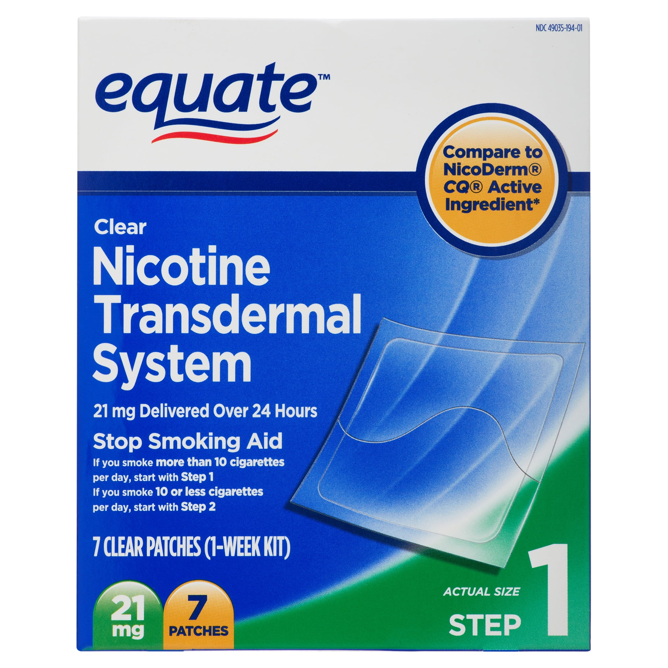 Equate Nicotine Transdermal System Patches, Step 1, 21 mg, 7 Count