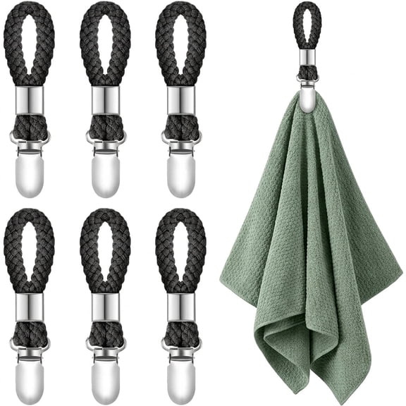 6Pcs Metal Kitchen Towel Clips with Braided Cotton Loop, Hanging Hand Towel Holder Hook for Oven Door, Cabinet, Bathroom, and Laundry Room