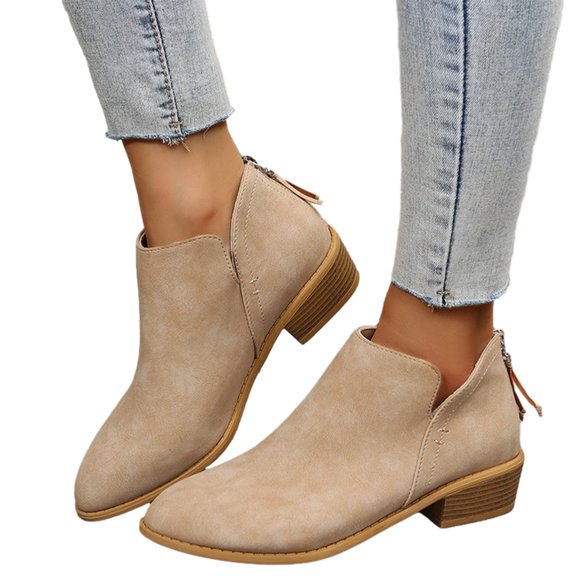 Women's ankle boots Thick and low heels, pointed ankle boots for women-khaki