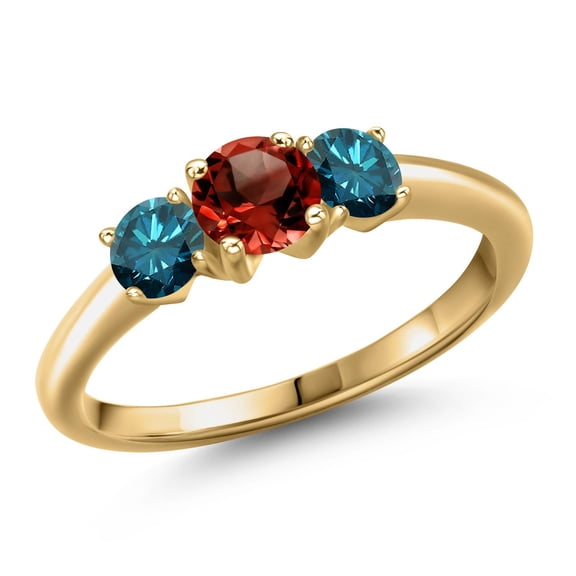 Gem Stone King 18K Yellow Gold Plated Silver Red Garnet and Blue Diamond Engagement Ring for Women | 1.09 Cttw | Round 5MM | Gemstone January Birthstone | Size 8