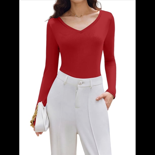 Camiseta Básica Ajustada de Punto Acanalado con Cuello en V y Larga para Mujer Rojo M