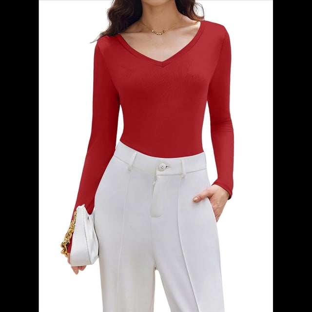 Camiseta Básica Ajustada de Punto Acanalado con Cuello en V y Larga para Mujer Rojo XL
