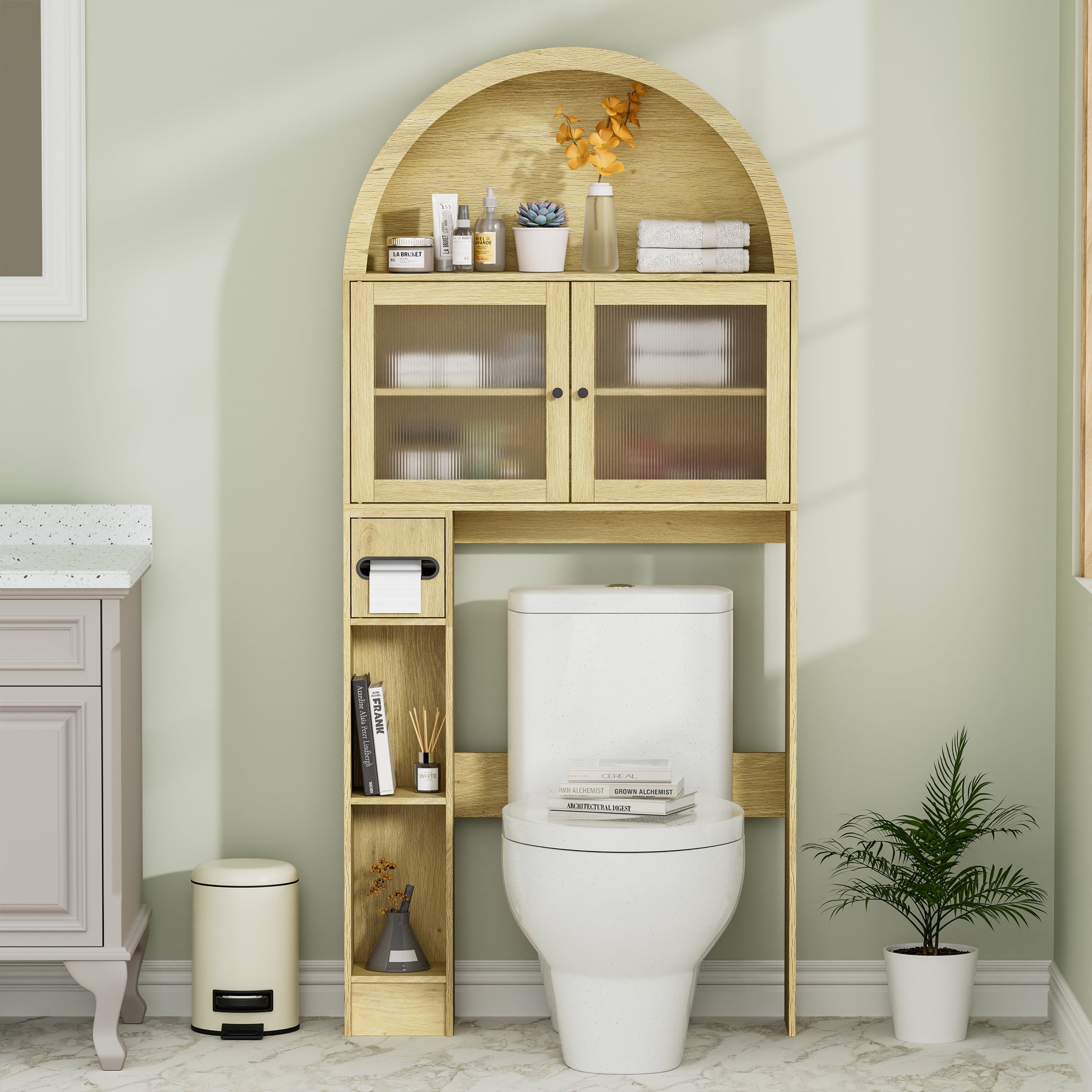 Over The Toilet Storage Cabinet, Over Toilet Cabinet 3-Tier Adjustable Shelves with Acrylic Doors, Freestanding Bathroom Organizer for Toiletries & Towels, Modern Arched Design Oak Wood