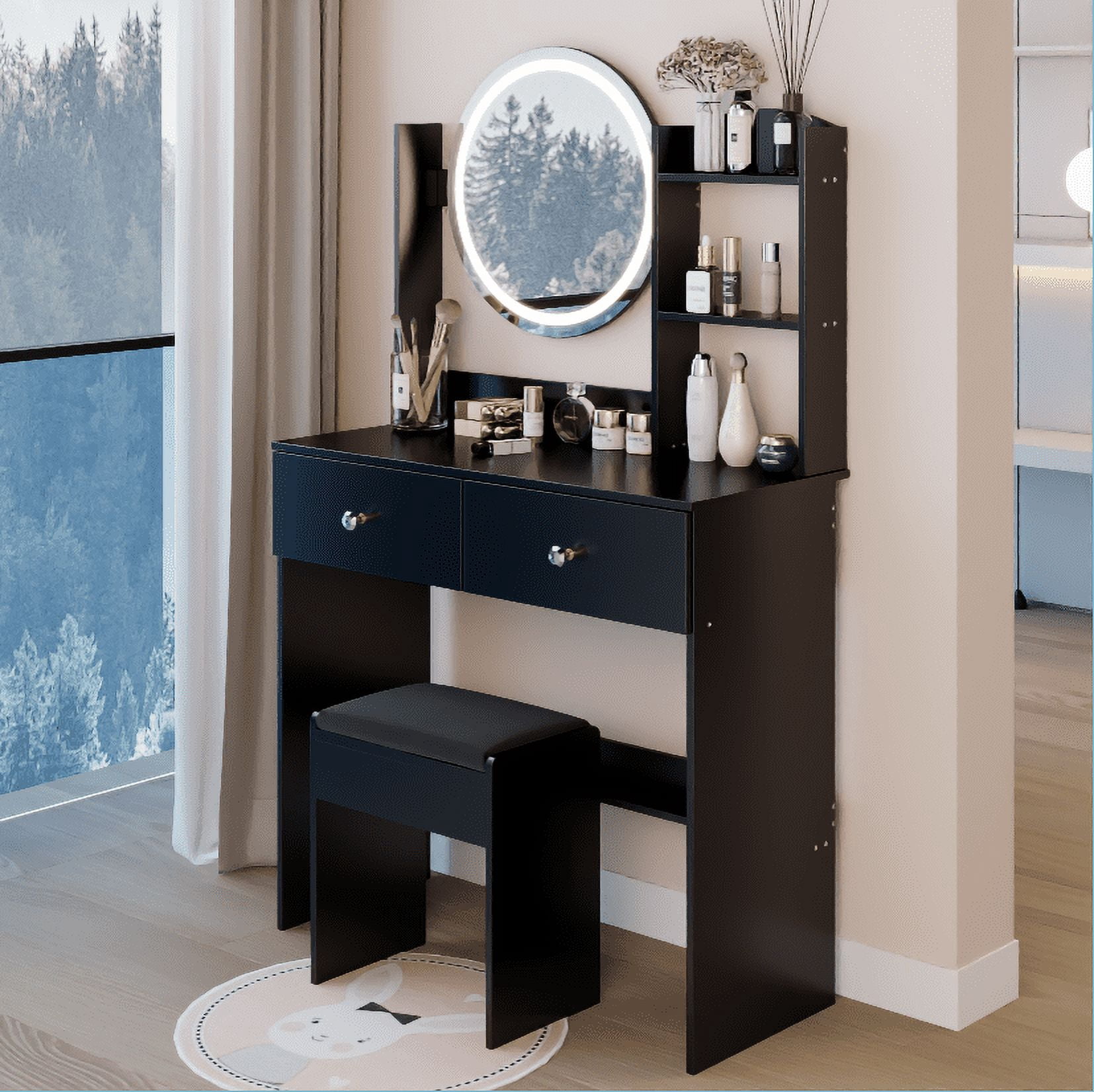 Leumius Makeup Vanity Desk with Mirror and Lights,Dressing Table with 2 Drawers,3 Color Lighting Brightness,Multi-layer High Capacity Storage Makeup Table for Bedroom,Black