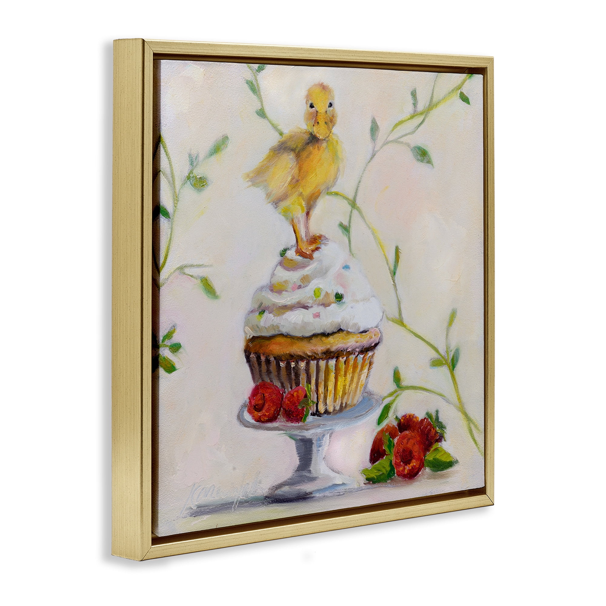 Stupell Industries Baby Duck on Raspberry Cupcake Animals & Insects Painting Gold Floater Framed Canvas Art Print Wall Art, 18 x 18