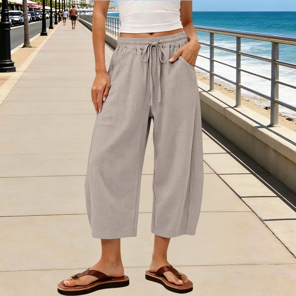 Women's Cotton Linen Banana Pants – Cropped Length Loose Fit with Elastic Waistband, Casual Summer Trousers
