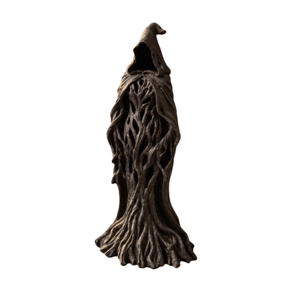 Halloween Hooded Figure Resin Statue Spooky Gothic Tabletop Decor with Intricate Root Texture for Indoor Home Mantel Shelf Display and Fall Holiday Party Decor
