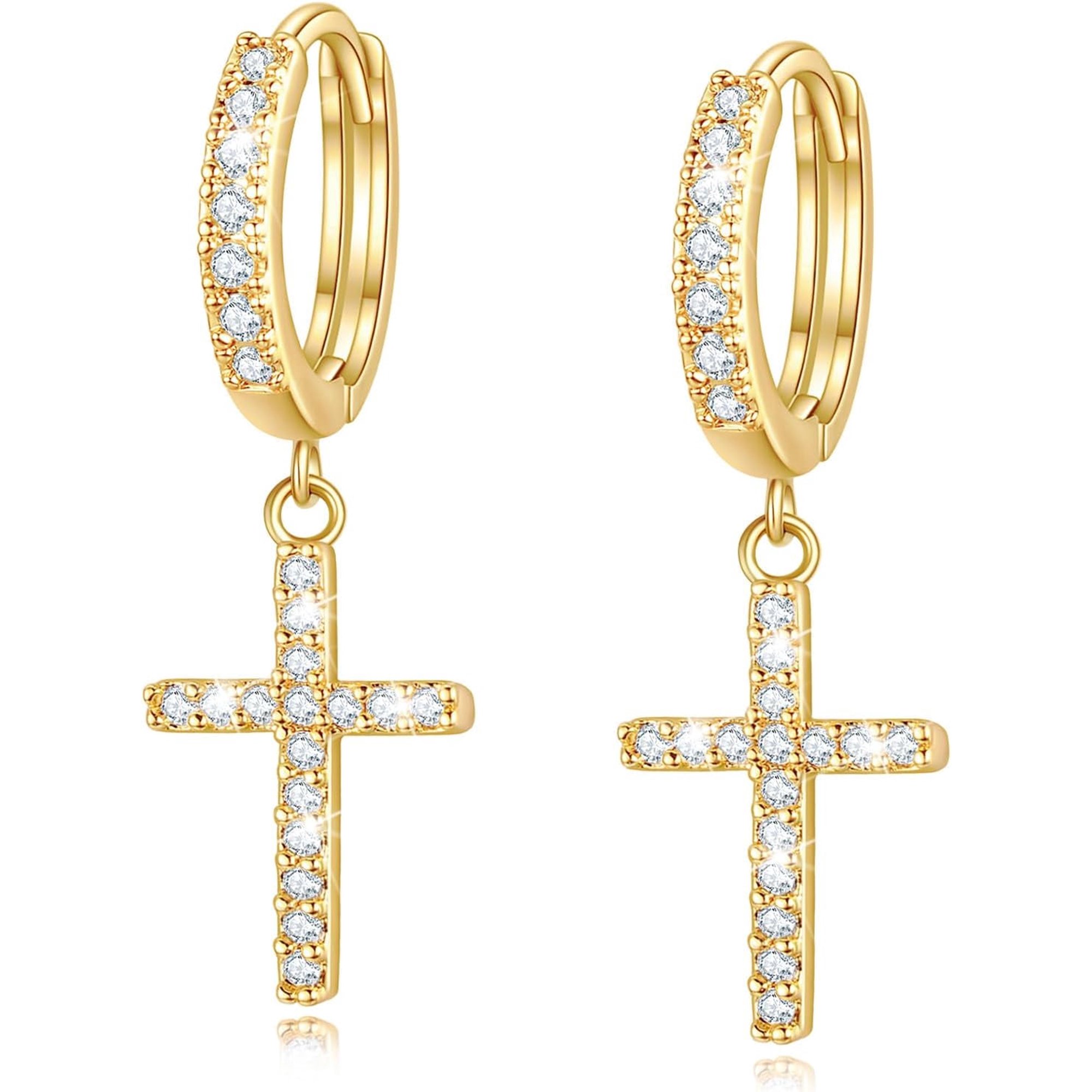 SUETOR 14K Gold Plated Cross Dangle Huggie Earrings for Men Women, 10mm Pave Hoop with CZ Cross Pendant, Hypoallergenic Ear Stack Jewelry