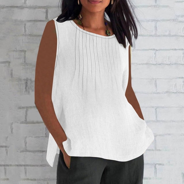 mfyjkho Tops Para Salir Para Mujer, Blusa Holgada De Verano Para Mujer, De Imitación De Lino, Sin Mangas, Plisada Y Con Cuello Redondo Tops Para Salir Xl