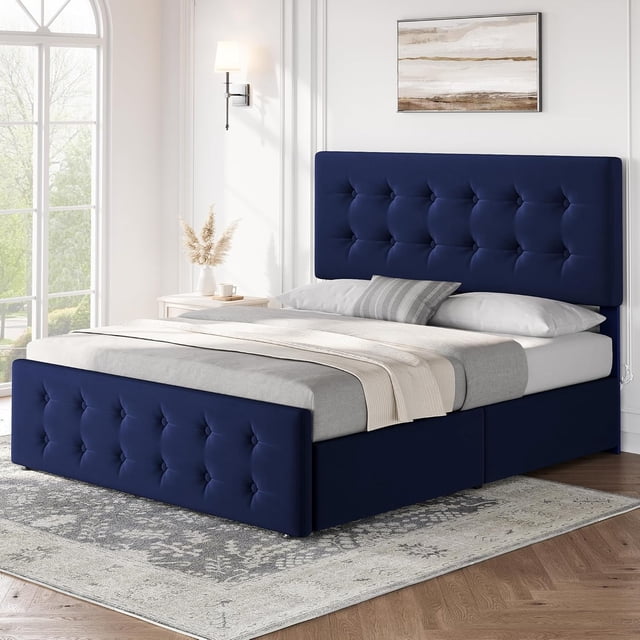 Qinaqin Queen Size Cama Frame con 4 Almacenamiento Cajones y cm de Alturaeadboard Velvet Upholstered Platform Profundidad Madera Slats Support Button Tufted Profundidadsign