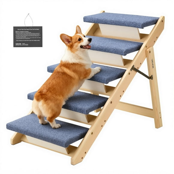 VEVOR Wood Pet Stairs, 5-Step Dog Stairs for Beds, Sofa & Cars, 150lbs Load Capacity, Floded Flat Design, Stable & Sturdy Cat & Dog Step Ladder for Small Medium Large Older Pet Puppy Essentials