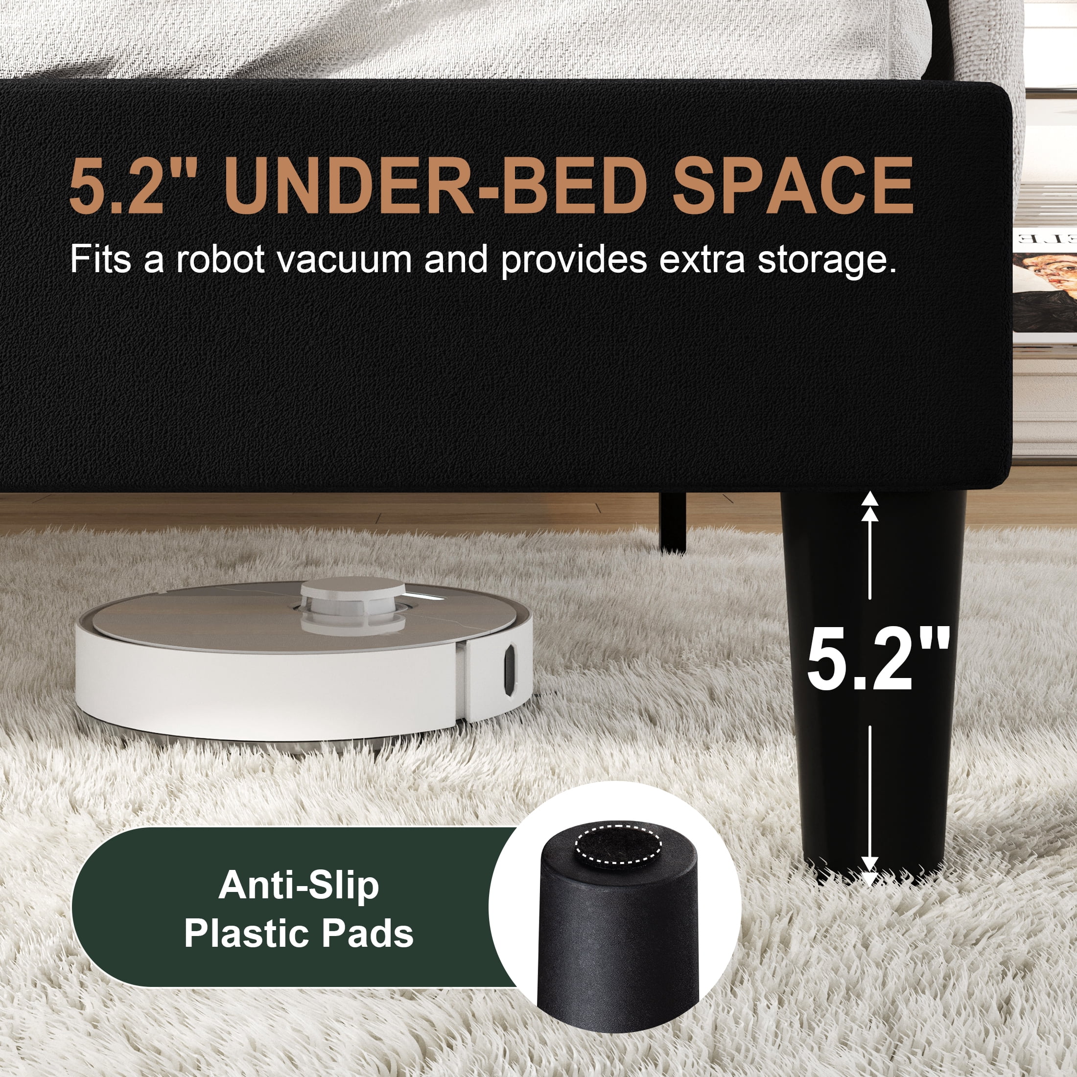 Amolife King Bed Frame, Platform Bed with Upholstered Velvet Adjustable Headboard, Wooden Slats, Easy Assembly, Black