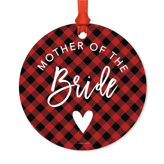 Family Wedding Metal Christmas Ornament, Mother of the Bride, Red Plaid, Includes Ribbon and Gift Bag