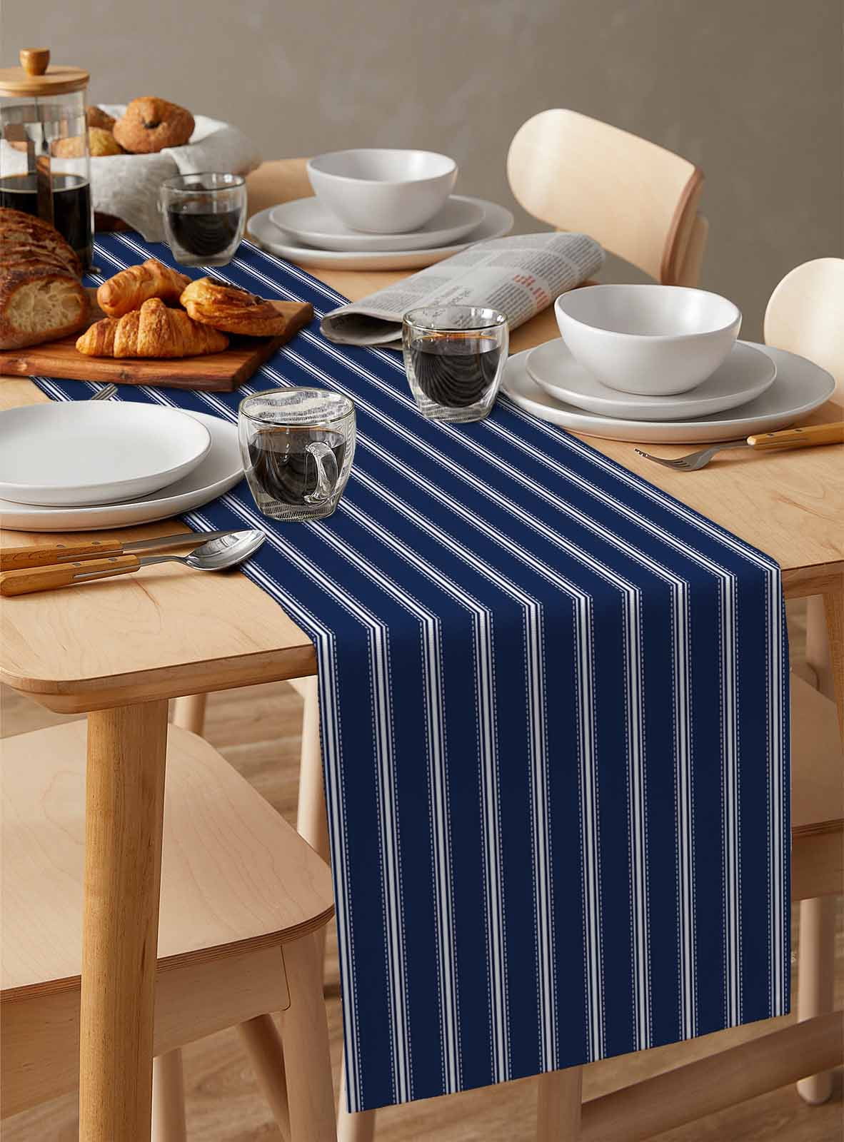 ERUNPONLY Navy Blue Striped Table Runner - 48 Inch Long Navy Blue White Farmhouse Stripes Cotton and Linen Blended Dress Scarves Farmhouse Table Runner for Kitchen Dining, Coffee Table, 13" x 48"