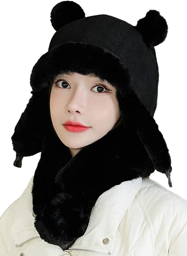 PIKADINGNIS Women Bomber Hat Cute Pom Pom Faux Fur Lined Winter Warm
