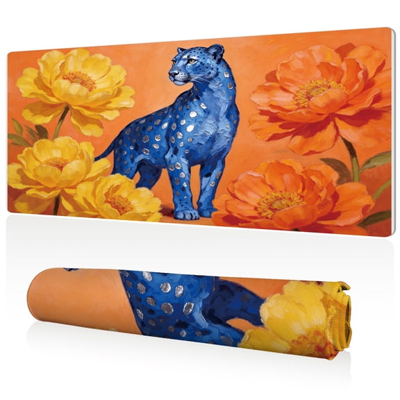 LIVEKEY Extra Large Mouse Pad Blue Leopard Blooms Art 80x40x0.3cm Full Desk Coverage Non Slip Durable Easy Clean Stitched Edges for Gaming and Office