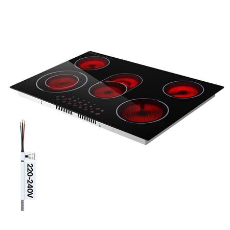 KFFKFF 30-Inch Electric Cooktop with 5 Burners, 8900W, 220V, Built-in Ceramic Radiant Stove, Features 9 Power Levels, Timer, Child Safety Lock, Overheat Protection, and Touch Controls