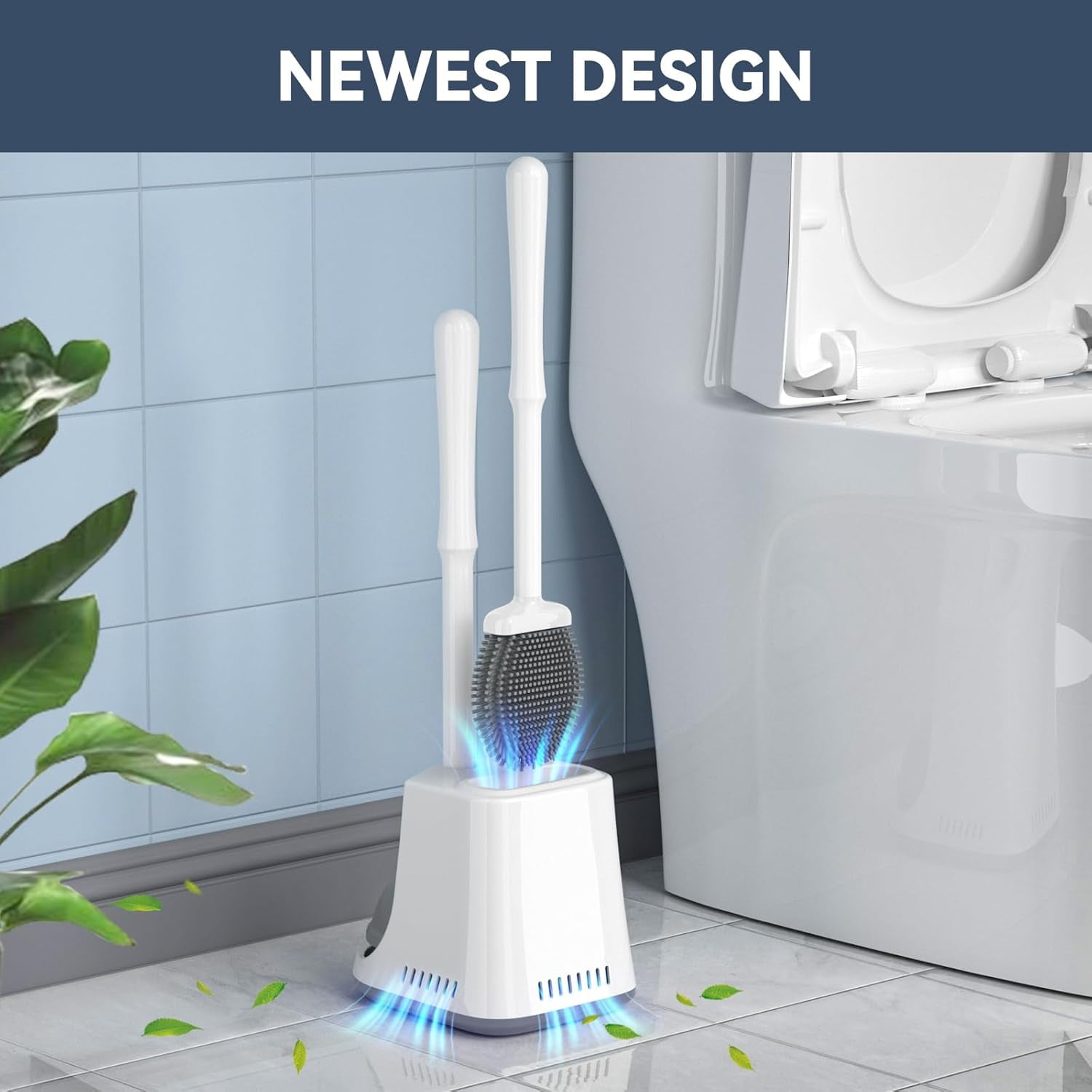 Unique Toilet Plunger and Brush Silicone Brush Heavy Duty Set with Ventilated Holder 2-in-1 Combo for Bathroom Cleaning-New Pack (White)