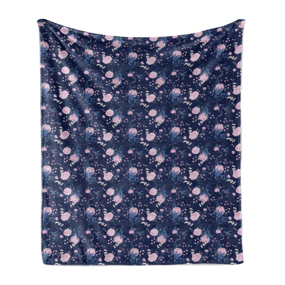 Floral Soft Flannel Fleece Blanket, Tropical Pink Tones Flowers Dragonfly Night Look Vintage English Garden Art, Cozy Plush for Indoor and Outdoor Use, 50" x 70", Lavender and Mauve, by Ambesonne