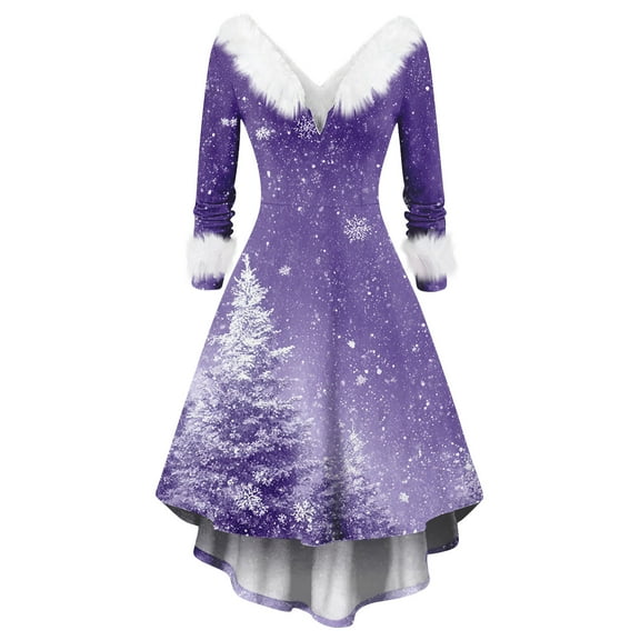 Women's Fashionable Casual Fitted Christmas Print Party Long-Sleeved V-Neck Hair Collar Dress for Holiday Parties and Events,Light Purple,5XL