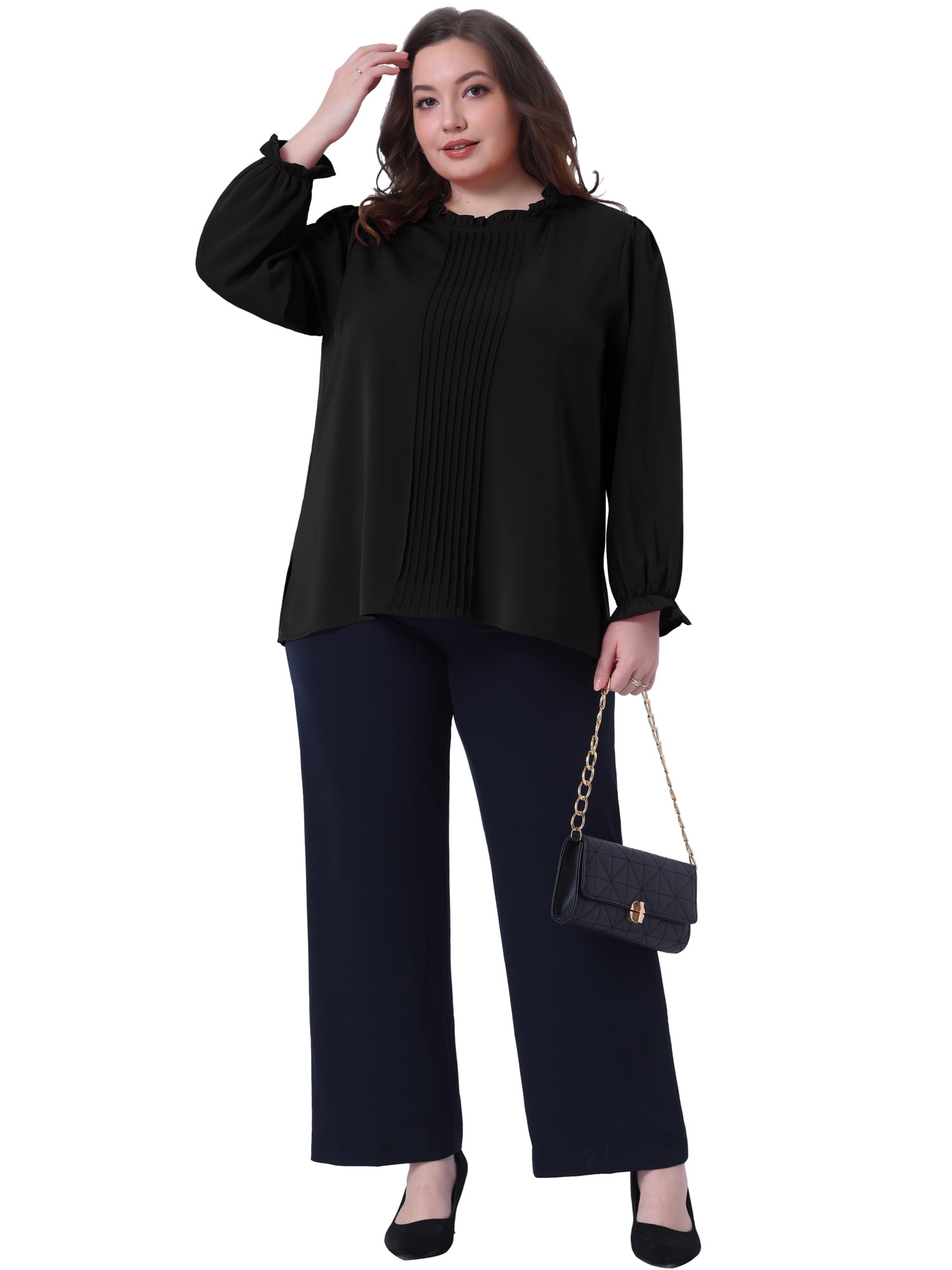 DARING DIVA Women's Plus Long Sleeve Ruffle Crew Neck Casual Blouse 4X Black