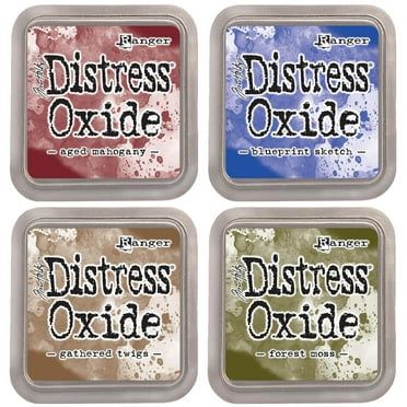Tim Holtz Ranger Distress Oxide Ink Bundle - Four 3" x 3" Pads (C - Classic : Aged Mahogany, Blueprint Sketch, Forest Moss, and Gathered Twigs)