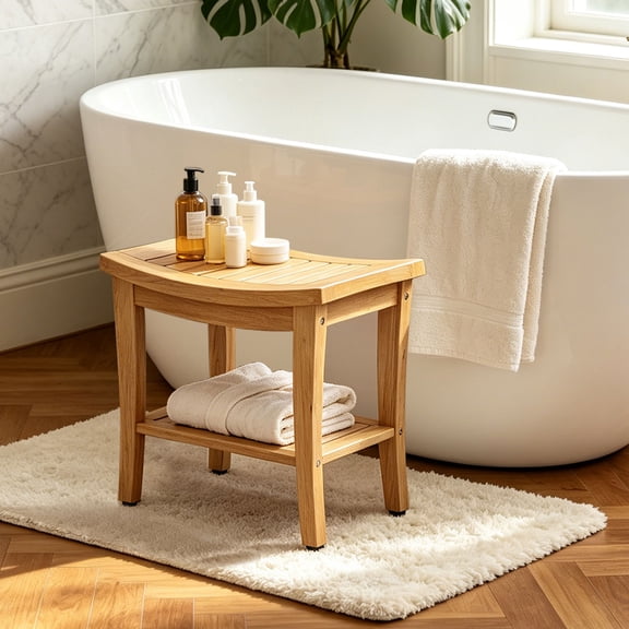 OTSUN Teak Shower Bench Seat - 20" Solid Wood Stool Waterproof Teakwood Shower Bench Chair with Storage Shelf 500 Lbs Capacity for Bathroom, Indoor & Outdoor Use