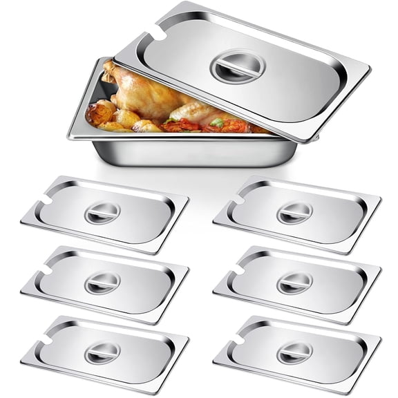 6 Pack 1/3 Steam Table Pan Covers Stainless Steel Hotel Pan Lid with Handle Catering Food Pan Cover Slotted Notched Universal