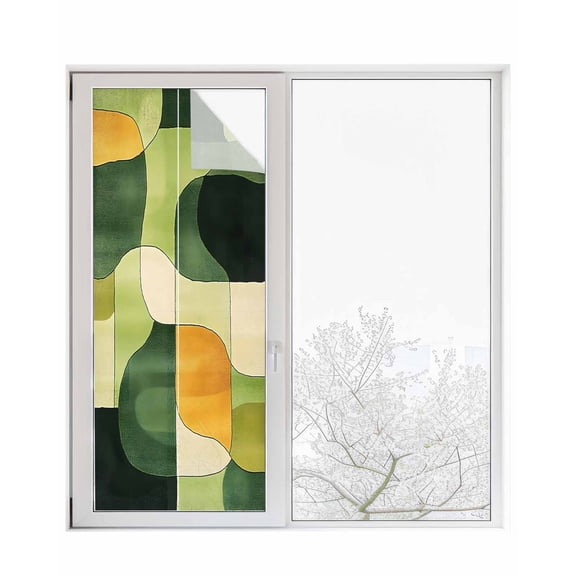 Window Privacy Film Green Geometric Stained Glass Window Film Decorative Sun Block Window Cover Middle Century Vintage Art Aesthetic Window Clings Static Adhesive Sticker for Bathroom 29.5"x78.7"