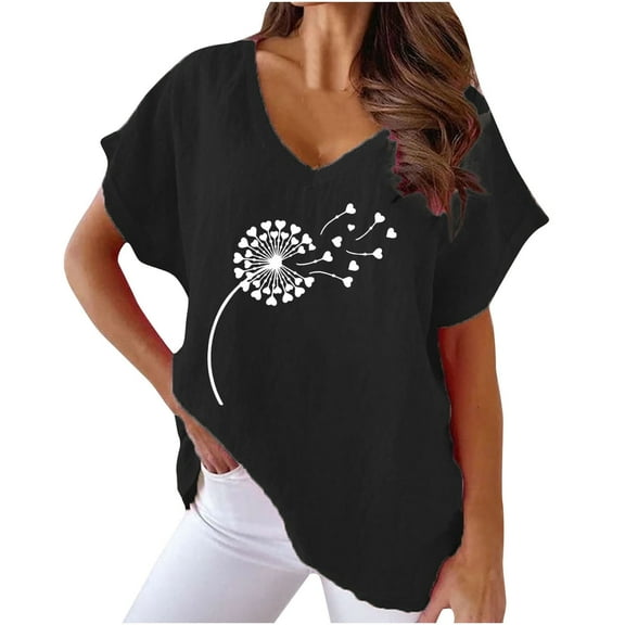 WREESH Women's Cotton Linen Graphic T-Shirts Summer Fashion V-Neck Batwing Sleeves Black