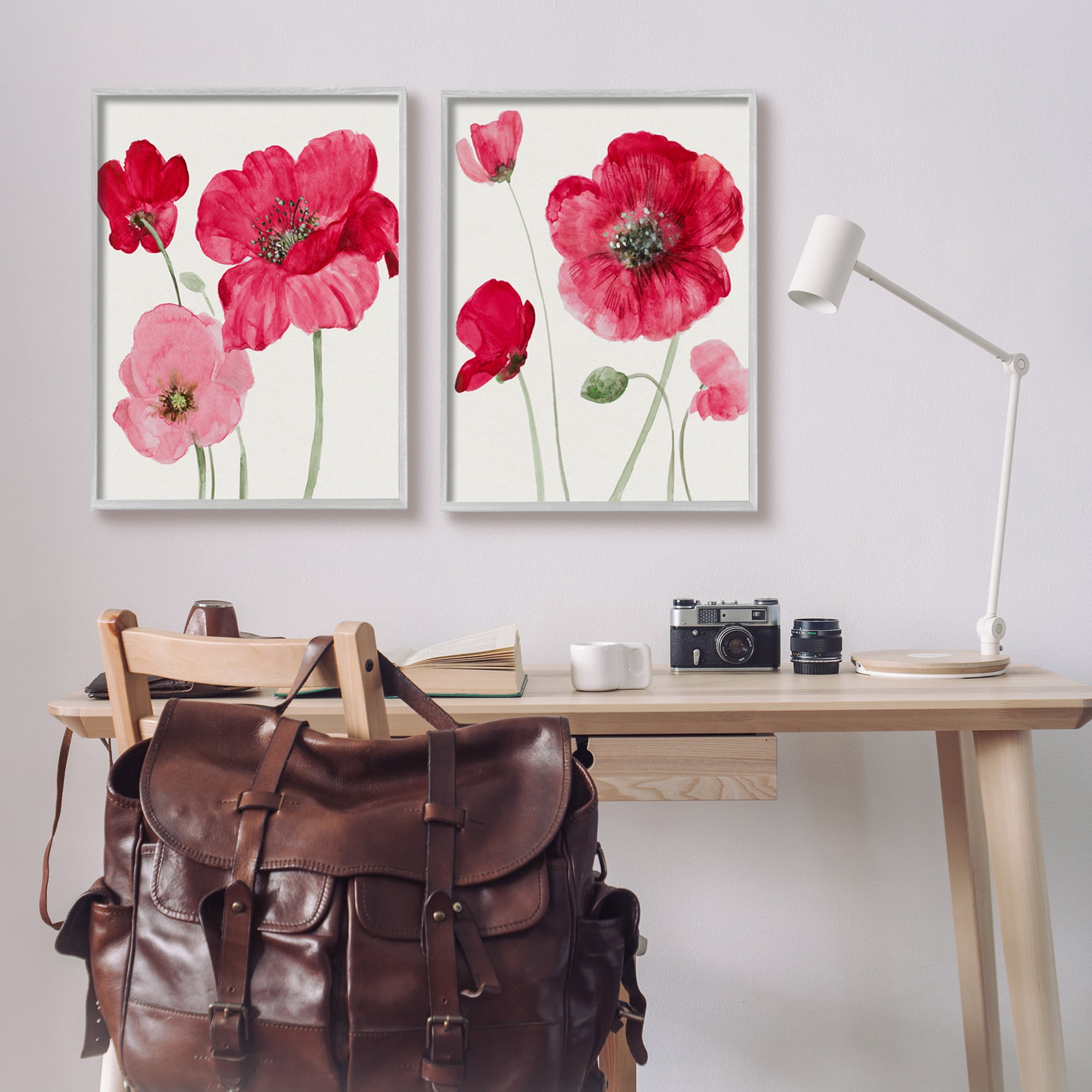 Stupell Bold Red Poppies Romantic Blooms Botanical & Floral Painting Gray Framed Art Print Wall Art, Set of 2