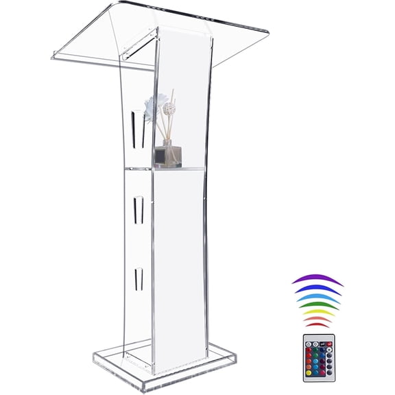 STICCIO Church Pulpit Podium Stand, 45.2" Clear Acrylic Lectern with 15-Color LED & Storage Shelf, Portable Moving Handles, for Multi-Occasions