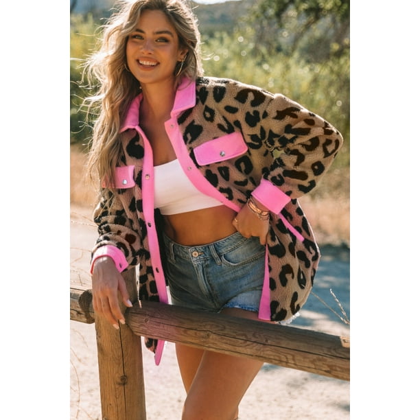 ABPHQTO Chamarra Teddy de leopardo con ribetes en contraste de leopardo para mujer Walmart en linea