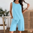 thumbnail image 6 of Two Piece Sets for Women Summer Crew Neck Sleeveless Vest Cotton Linen Solid Color Pockets Short Pants Cute Lounge Travel Outfits, 6 of 7