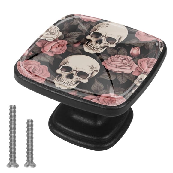 4 Pcs Cabinet Handle Drawer Pulls Roses and Skull Knobs with Screws Square Furniture Office Cabinet Knob Decoration