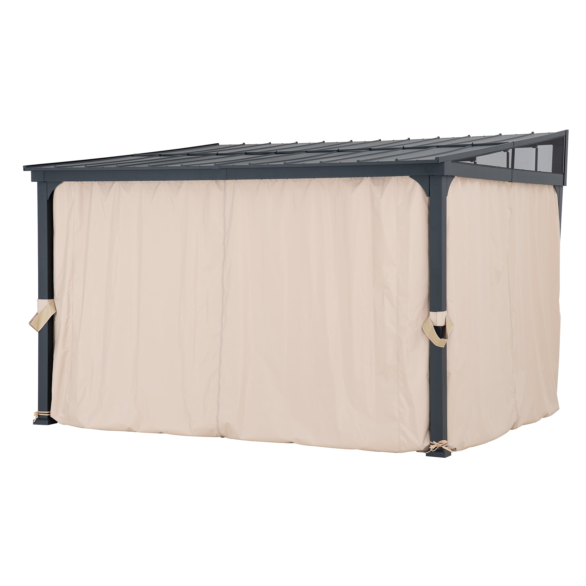 Sunjoy 12’ x 14’ Wall Mounted Gazebo with Powder Coated Steel Roof, Black Aluminum & Metal Frame Lean to Gazebo with Curtains and Netting