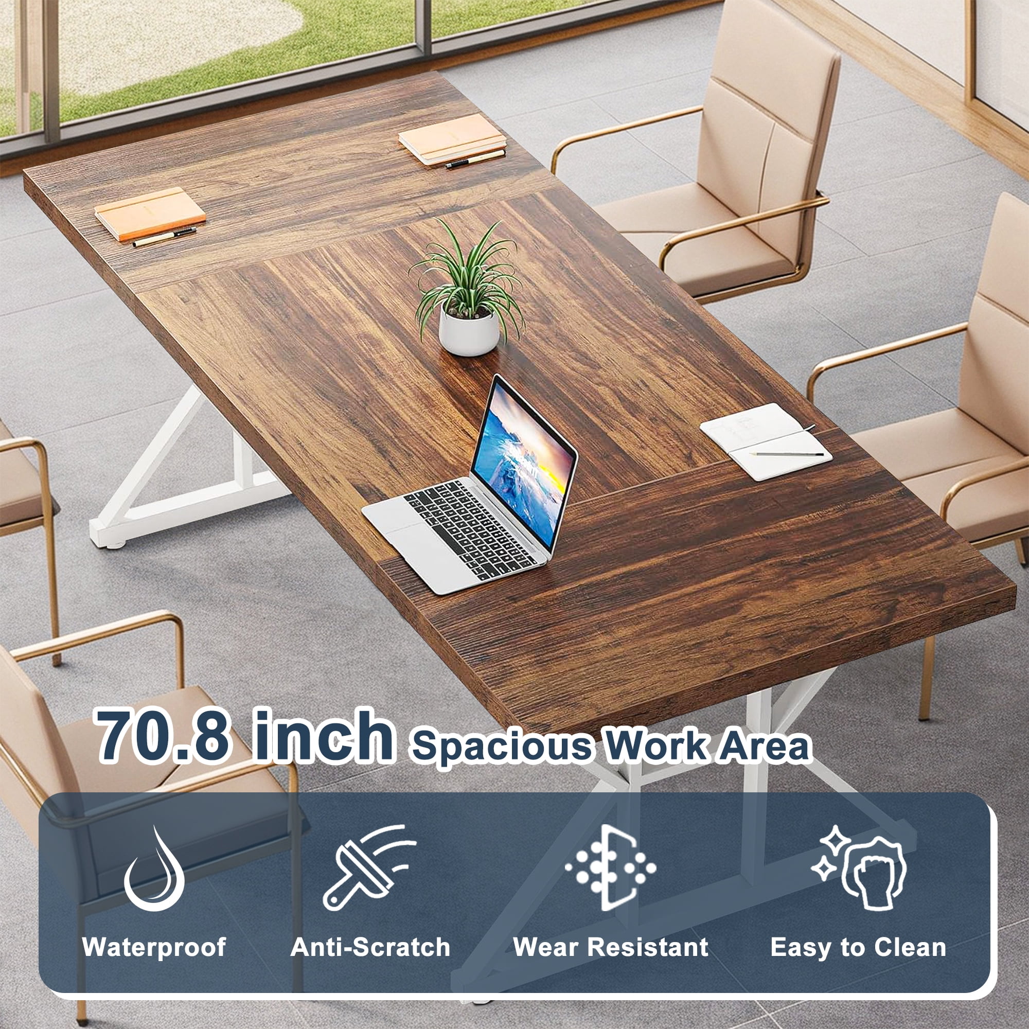 Demi Bonn 71" Farmhouse Dining Table, Wood Rustic Kitchen Table for 6 People, Large Rectangular Dinner Table for Dining Room, Home Office, Living Room Furniture, Brown & White