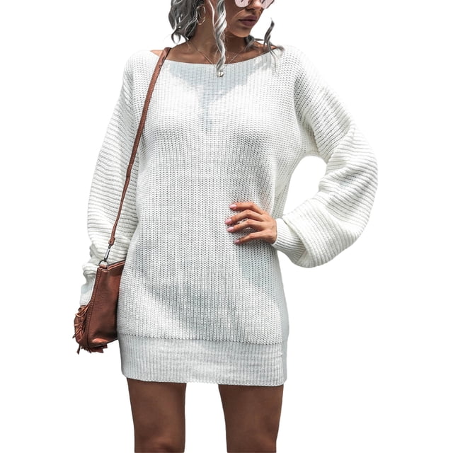 xiaxaixu Robe Chandail Épaule Dénudée Femme Manches Longues Couleur Unie Robe Tricotée Ample Robe Mini Automne