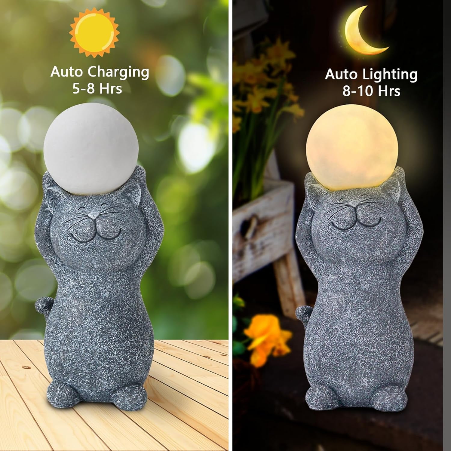 Solar Garden Decor Cat Moon Outdoor Statue and Figurine Lights,Outdoor Patio Sculpture Decor LED Light Gifts for Mom or Daughter, Garden Statues Birthday Gifts for Women Home and Yard with Solar Lamp