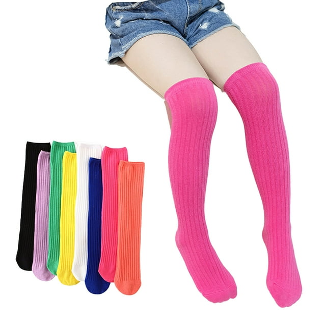 Esaierr Kids Girls Knee High Socks Spring and Fall Socks Solid Color Wide Vertical Strip Mid-Tube Socks for 3-12Y