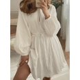 thumbnail image 4 of Mini Deep V Long Sleeve Dress for Women A-Line High Waisted Casual Flowy Dress Beige M, 4 of 7