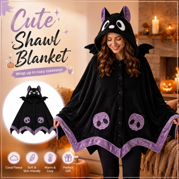 Wearable Blanket, Halloween, Bat Blanket, Cute Halloween Blanket, Soft Coral Fleece Hooded Cape Throw with Bat Ear Details and Skull Accents, 59X37X14 In, Cozy Nap Shawl for