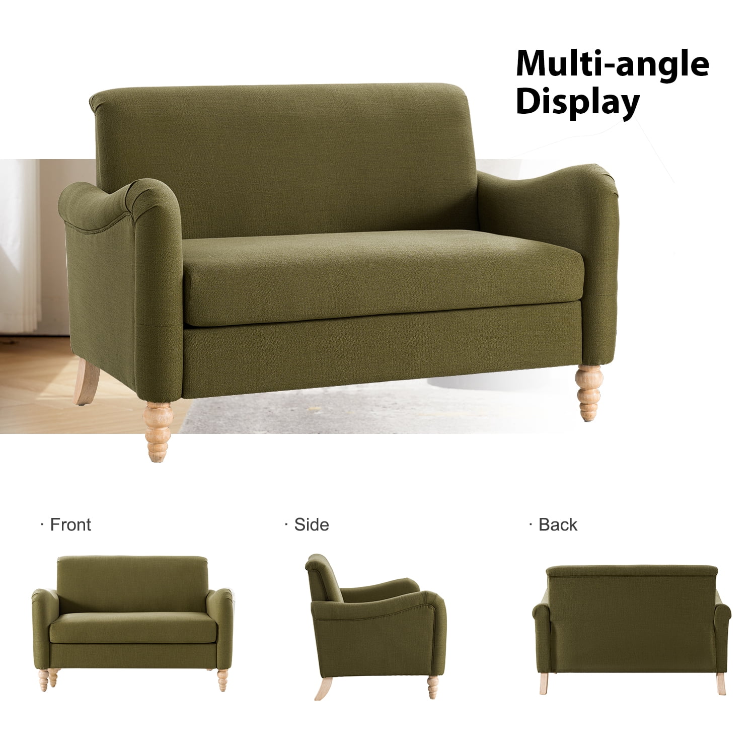 Tina's Home 50" Farmhouse Loveseat Sofa with Slope Arms and Solid Wood Bobbin Legs for Living Room, Moss