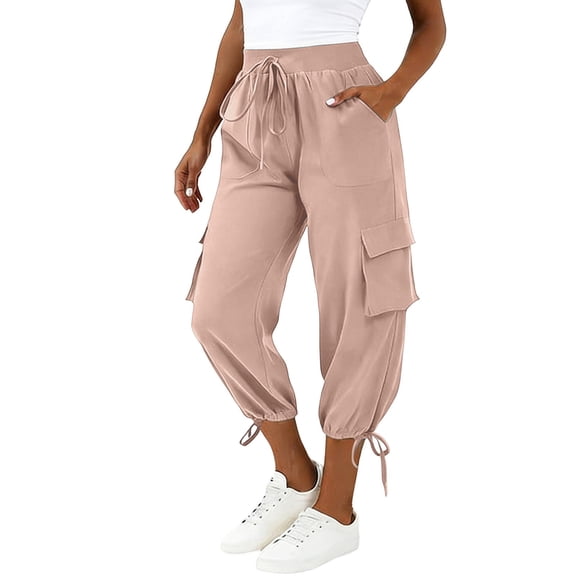 Gtoiithly Women's Solid Cargo Jogger Pants - Loose Fit Casual Elastic Trousers with Drawstring Waist & Side Cargo Pockets Pink M