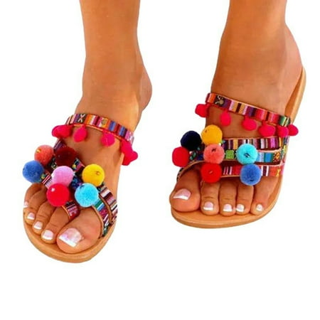 

OAVQHLG3B Boho Clip Toe Slide Sandals for Womens Dressy Summer Beach Sandal Pom Pom Flip-flops Flat Comfort Shoes Slipper