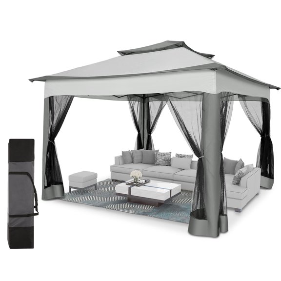 HOTEEL 11' x 11' Outdoor Waterproof Gazebo, Pop-Up Canopy Gazebo with Mosquito Netting & UV Protection for Parties, Camping, Weddings, and Backyard Events, Gray