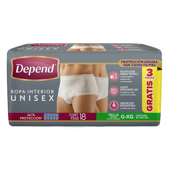 Ropa Interior para Incontinencia&nbsp;Depend Unisex Grande con tecnología Derma Protect con 18 pzas