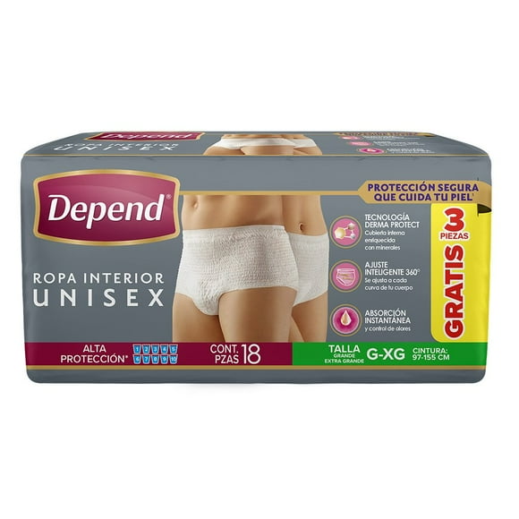 Ropa Interior para Incontinencia Depend Unisex Grande con tecnología Derma Protect con 18 pzas