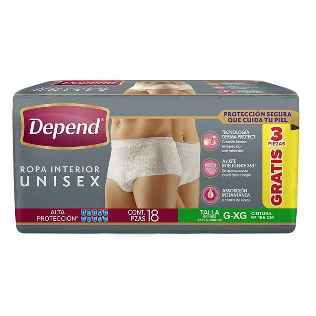 Ropa Interior para Incontinencia Depend Unisex Grande con tecnología Derma Protect con 18 pzas
